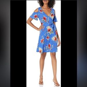 Star Vixen Cold Shoulder‎ Short sleeve Floral Faux Wrap Dress Blue P-XL NEW